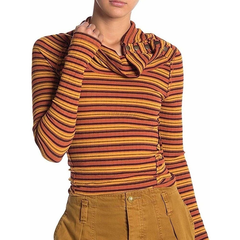 Free People Cape Cod Ribbed Striped Cowl Neck Orange Yellow Size Large